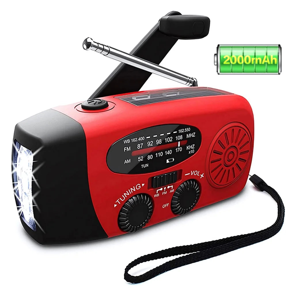 Solar Hand Crank Powered Camping Light with AM/FM Radio Outdoor 2000Mah USB Charging Multifunctional Hand Dynamo LED Flashlight